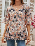 Printed Flounce Sleeve Ruffle Hem Blouse - Trendsi - Flyclothing LLC