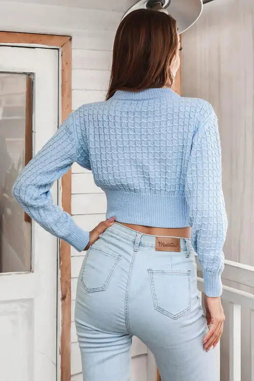 Round Neck Long Sleeve Cropped Sweater - Trendsi - Flyclothing LLC