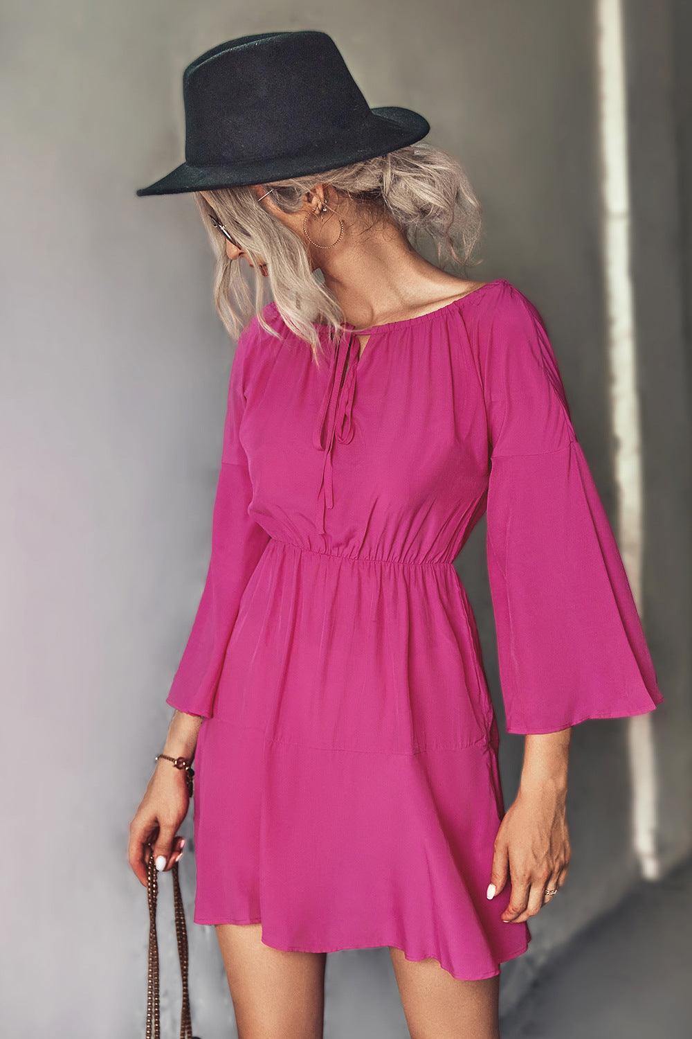 Tie Neck Flare Sleeve Mini Dress - Trendsi