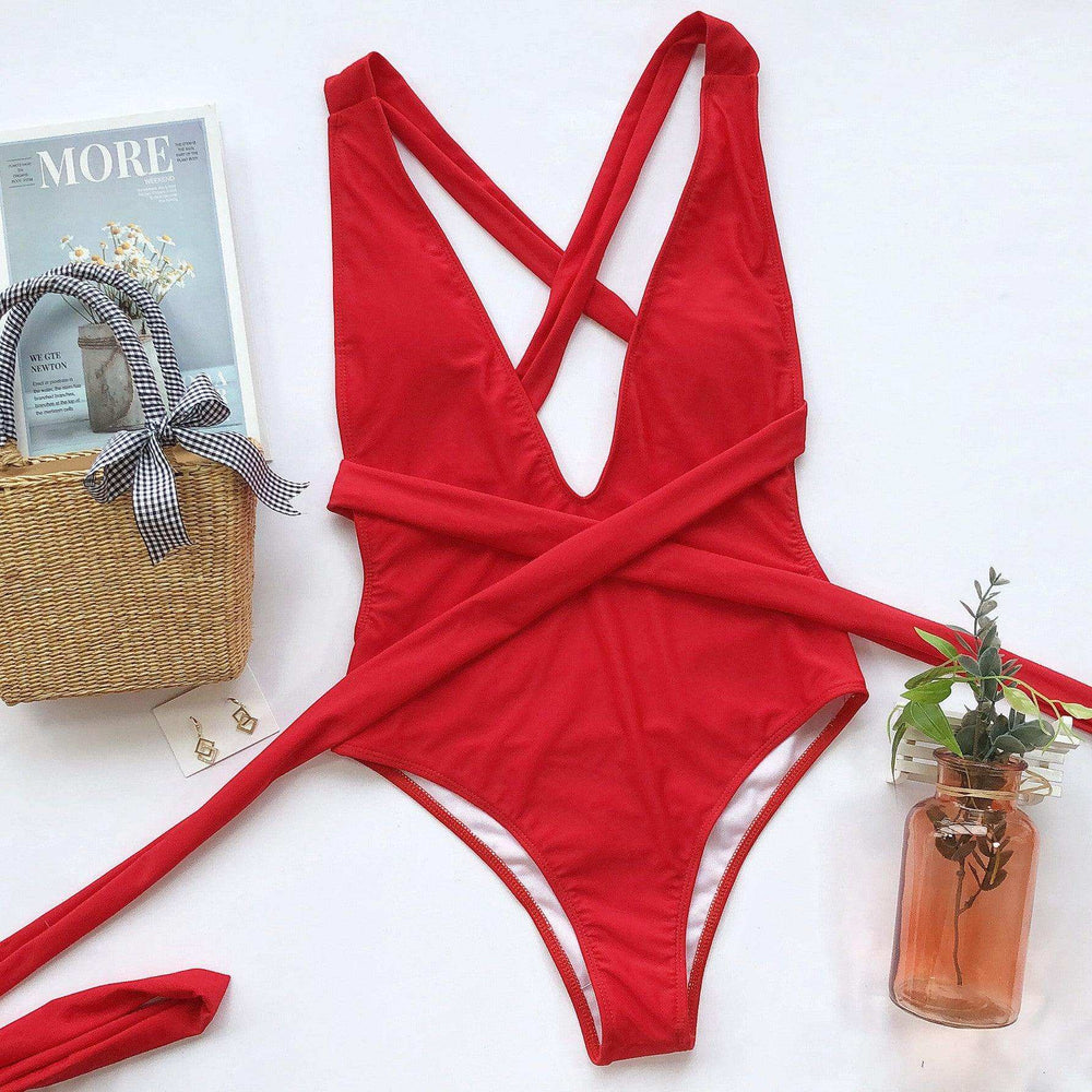 Halter Neck Deep V Tied One-Piece Swimsuit - Trendsi - Flyclothing LLC