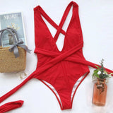 Halter Neck Deep V Tied One-Piece Swimsuit - Trendsi - Flyclothing LLC