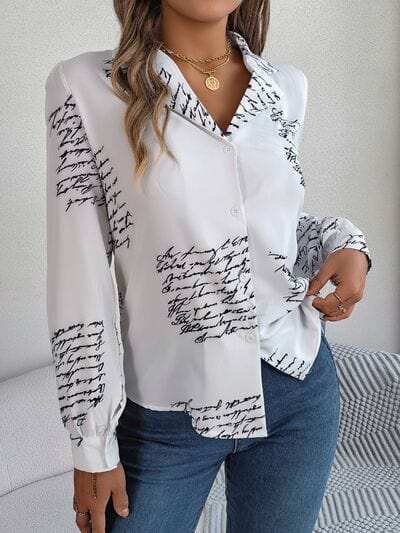 Letter Printed Button Up Long Sleeve Blouse - Trendsi - Flyclothing LLC
