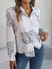 Letter Printed Button Up Long Sleeve Blouse - Trendsi
