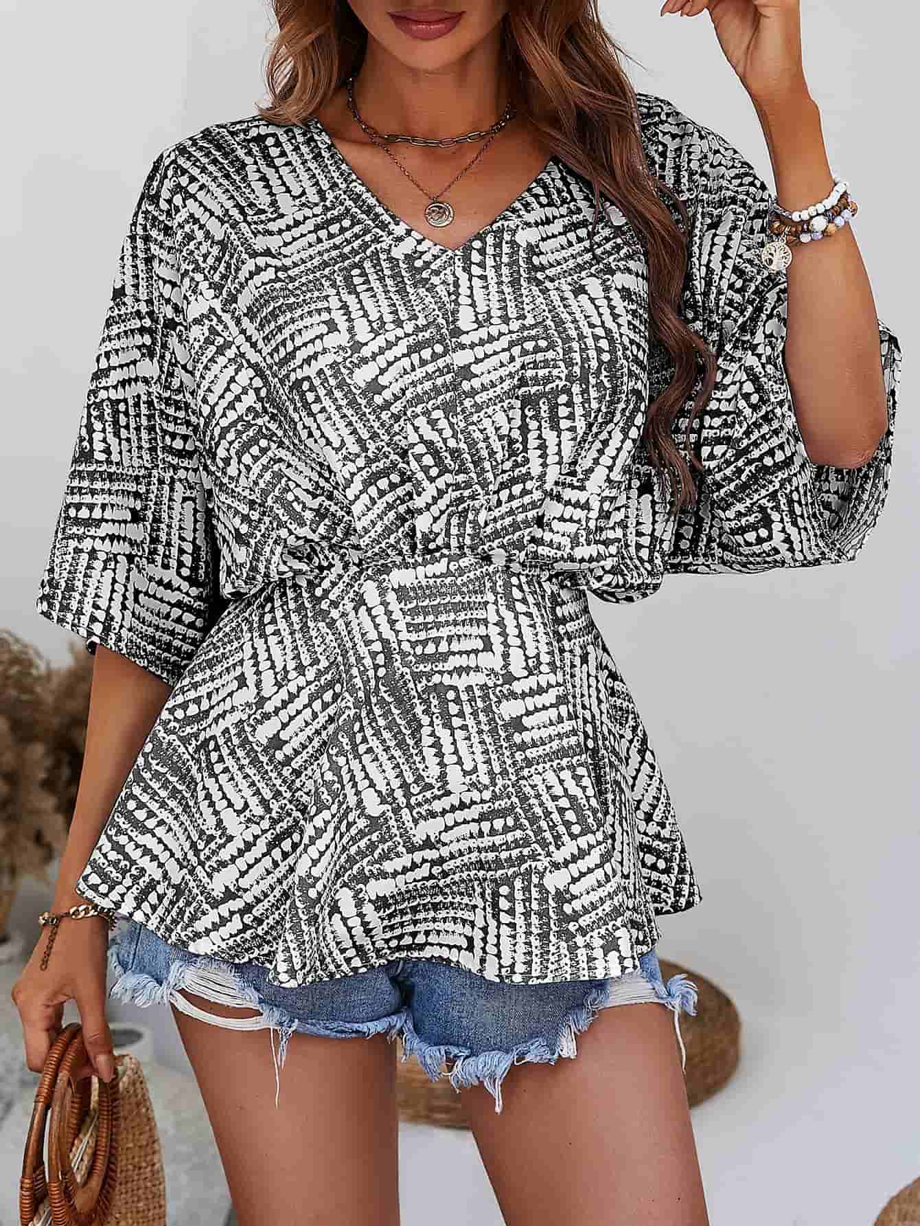 Printed V-Neck Dolman Sleeve Blouse - Trendsi - Flyclothing LLC