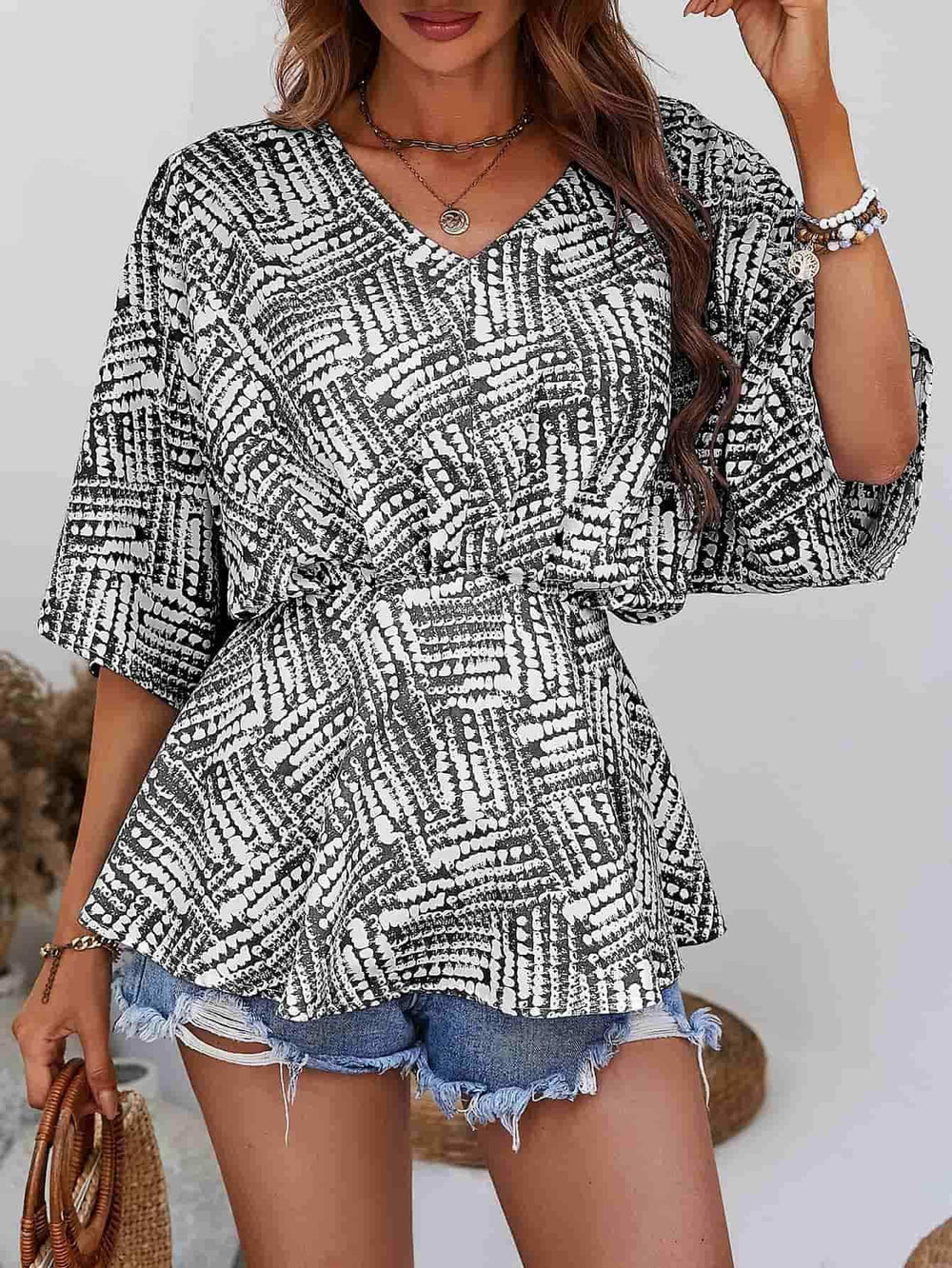 Printed V-Neck Dolman Sleeve Blouse - Trendsi - Flyclothing LLC