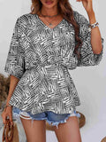 Printed V-Neck Dolman Sleeve Blouse - Trendsi - Flyclothing LLC