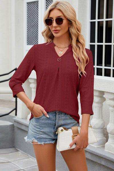 Eyelet Notched Knit Jacquard Top - Trendsi - Flyclothing LLC