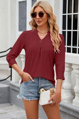 Eyelet Notched Knit Jacquard Top - Trendsi