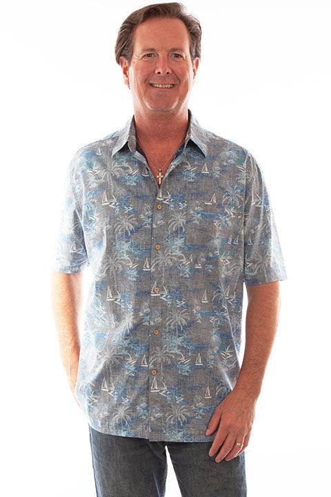 Scully Leather Grey S/S Palm Trees & Sail Boats Shirt - Scully Leather