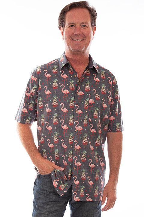 Scully Leather 100% Cotton Black S/S Flamingos & Pineapples Shirt - Scully Leather