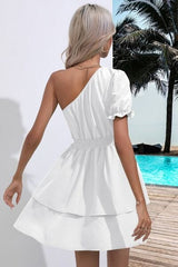Layered Single Shoulder Flounce Sleeve Mini Dress - Trendsi