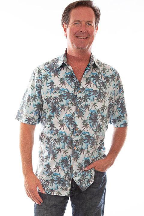 Scully Leather White-Turquoise S/S Palm Trees Shirt - Scully Leather