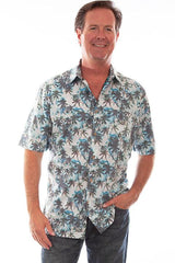 Scully Leather White-Turquoise S/S Palm Trees Shirt - Flyclothing LLC