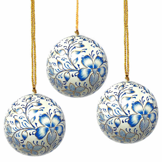 Handpainted Ornaments, Blue Floral - Pack of 3 - Asha Handicrafts