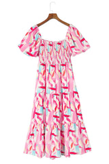 Printed Square Neck Tied Smocked Dress - Trendsi - Flyclothing LLC