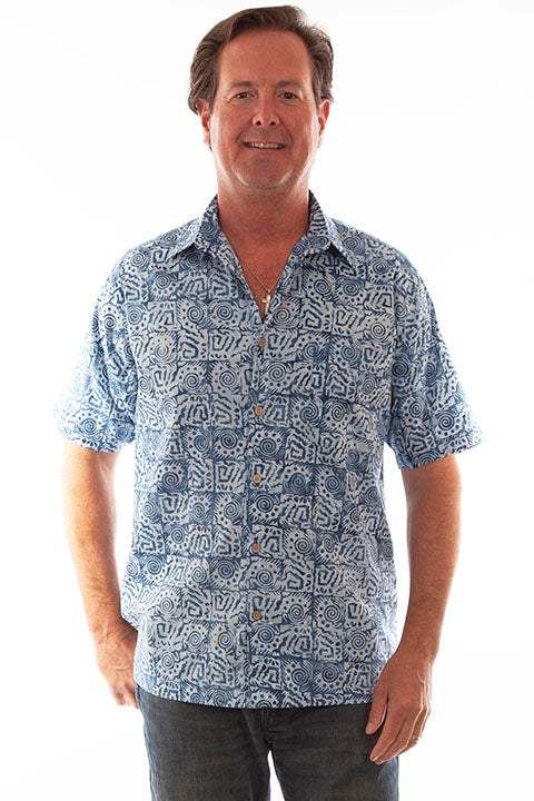 Scully Leather Farthest Point Light Blue S/S Batik Indigo Squares - Scully Leather - Flyclothing LLC