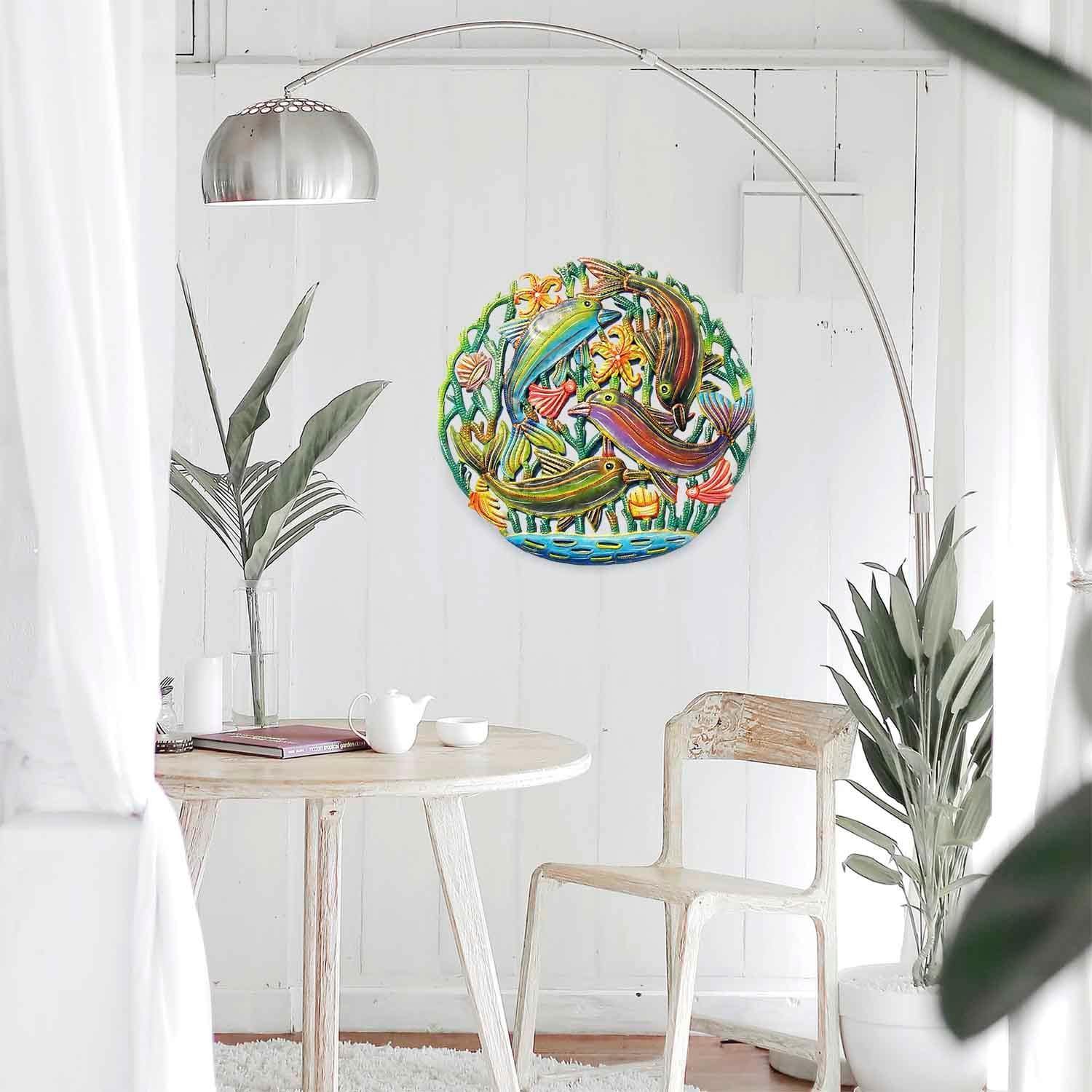 Coastal Playful Dolphins Haitian Metal Drum Wall Art - Haitian Artisans