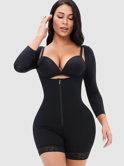 Full Size Zip Up Lace Detail Long Sleeve Shapewear - Trendsi
