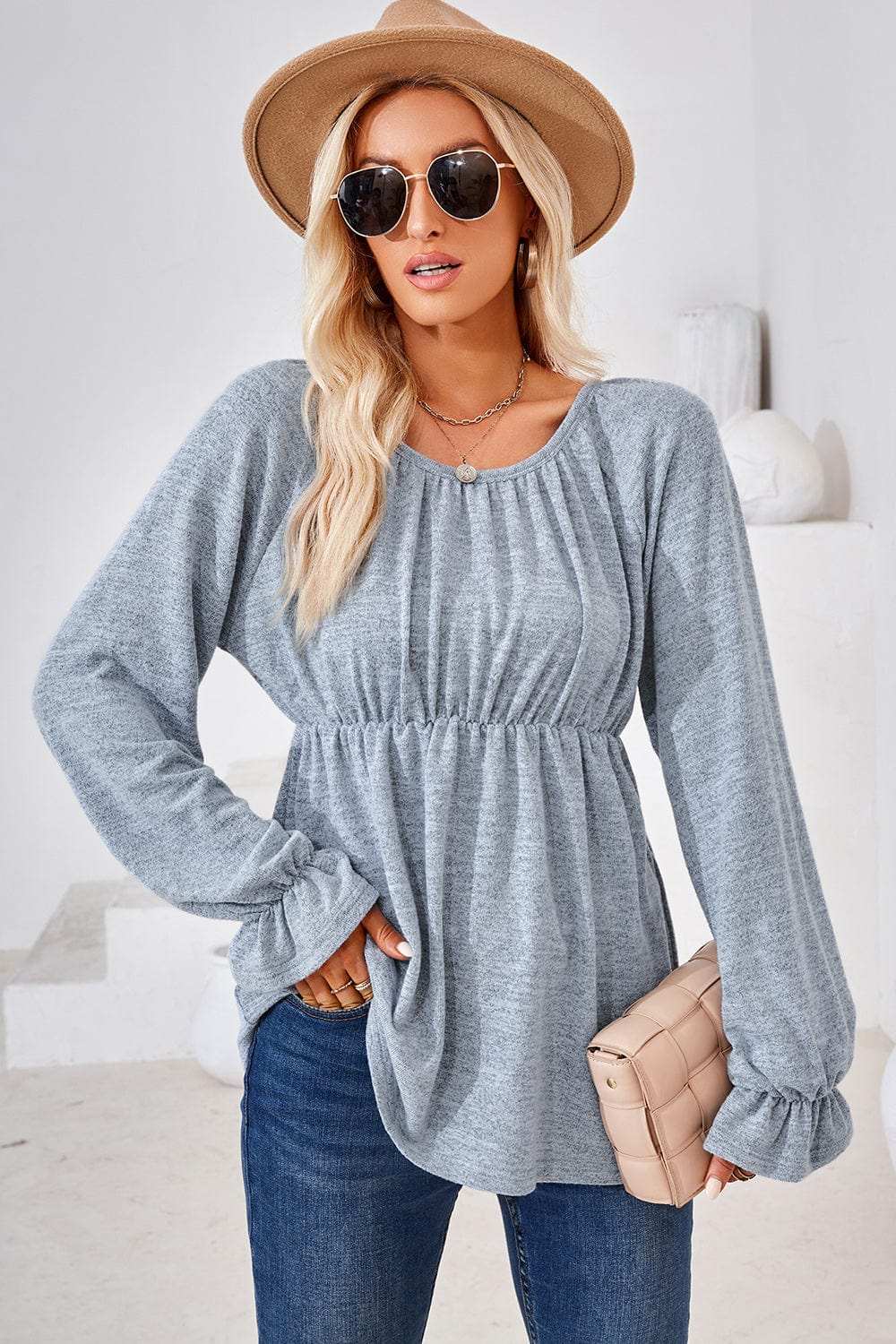 Ruched Round Neck Flounce Sleeve Blouse - Trendsi - Flyclothing LLC