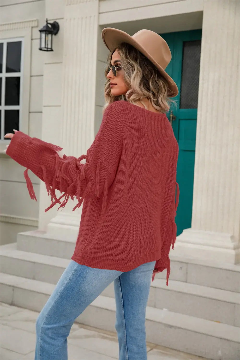 Ribbed Round Neck Fringe Detail Sweater - Trendsi - Flyclothing LLC