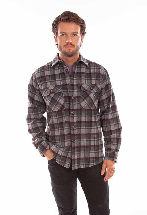 Scully Leather 80% Wool 20% Viscose Charcoal-Burgundy Wool Blend Flannel Heavy Weight Shirt - Scully Leather