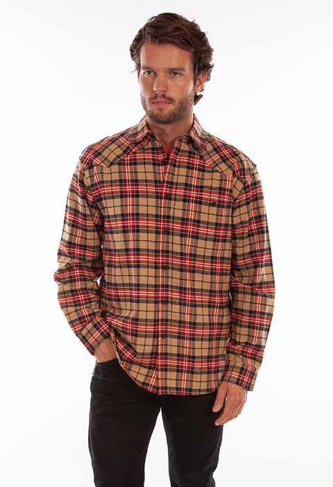 Scully Leather 100% Cotton Tan Plaid Cotton Flannel Shirt - Scully Leather