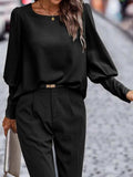 Round Neck Lantern Sleeve Blouse - Trendsi - Flyclothing LLC