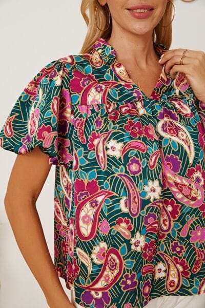 Floral Collared Neck Short Sleeve Blouse - Trendsi - Flyclothing LLC