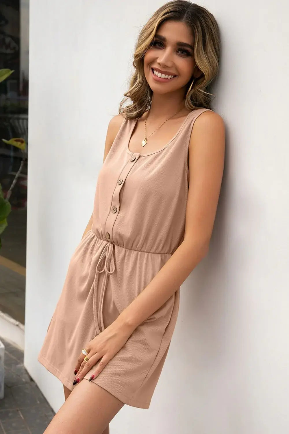 Buttoned Round Neck Sleeveless Romper - Trendsi - Flyclothing LLC
