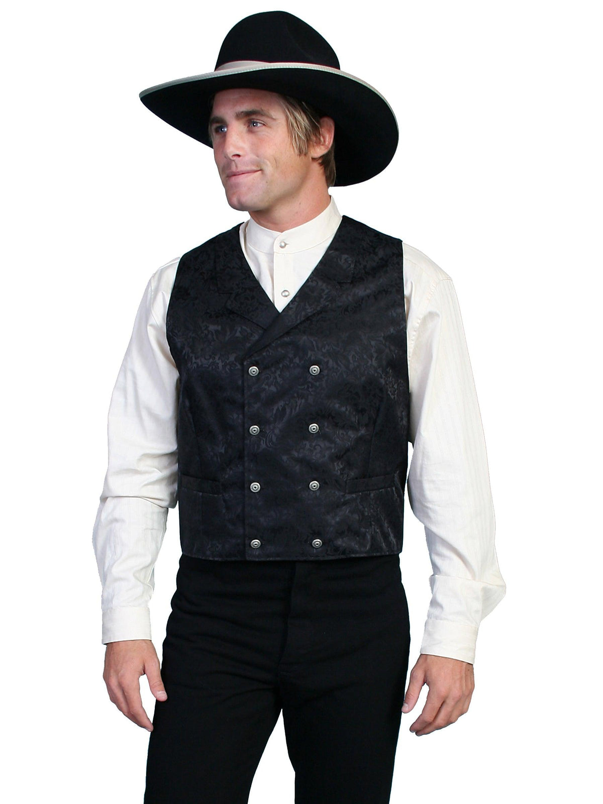 Scully Leather Black Floral Silk Double Breasted Mens Vest - Flyclothing LLC