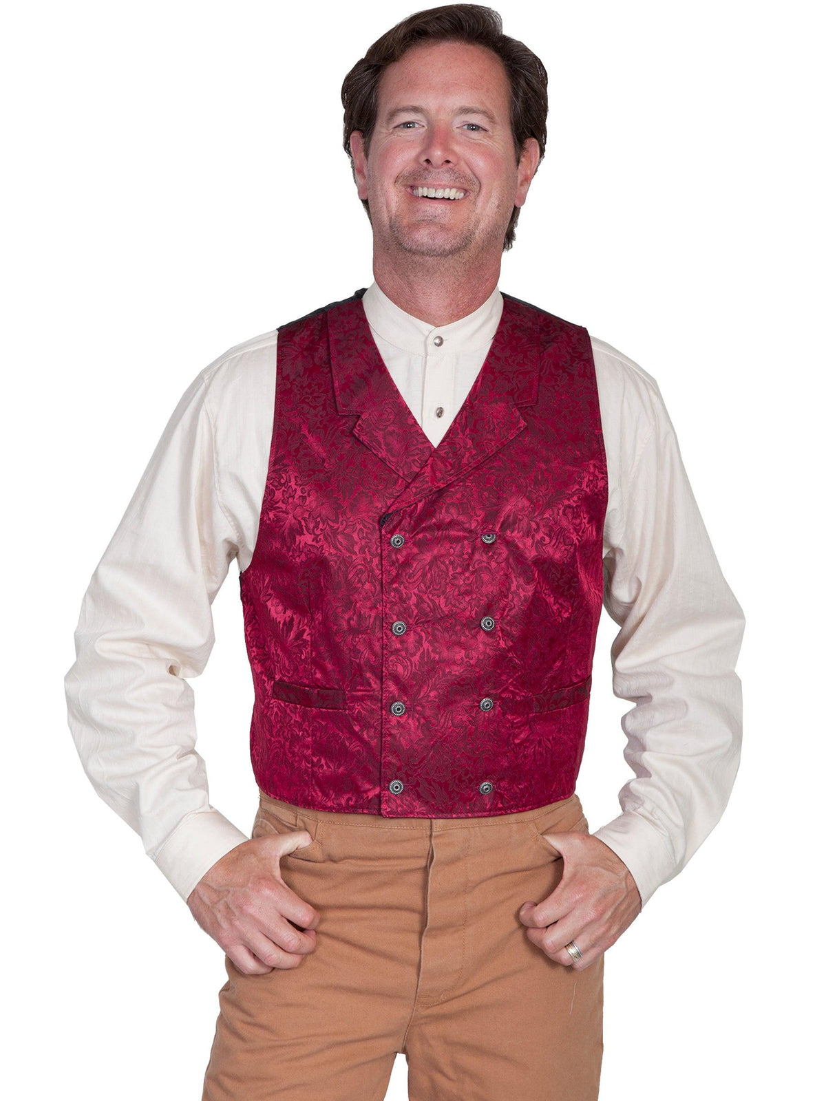 Scully Leather Burgundy Floral Silk Double Breasted Mens Vest - Flyclothing LLC