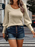 Ribbed Round Neck Lantern Sleeve Knit Top - Trendsi