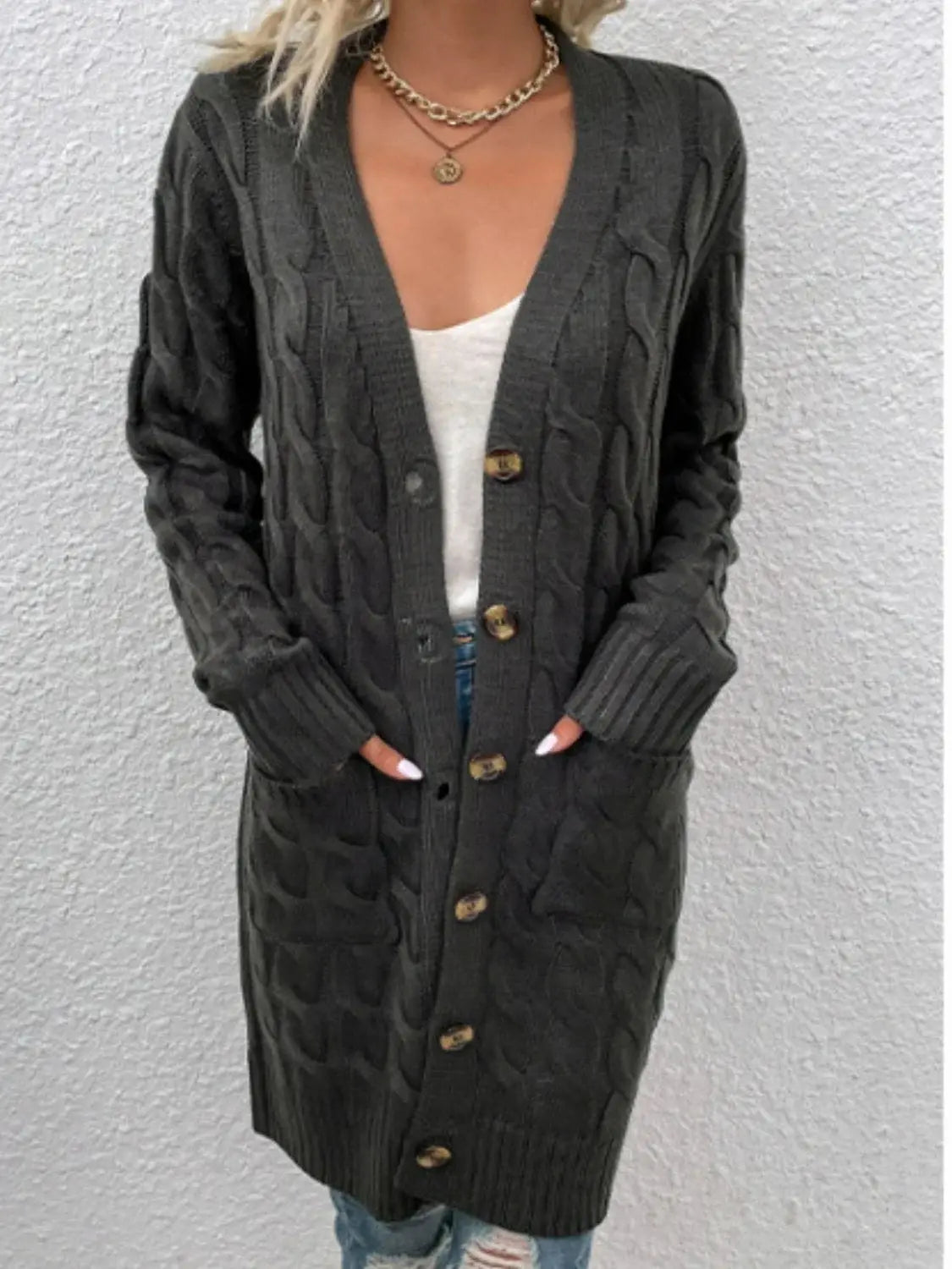 Cable-Knit Button Down Cardigan with Pockets - Trendsi - Flyclothing LLC
