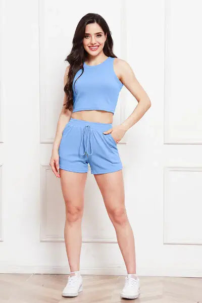 Round Neck Tank and Drawstring Shorts Set - Trendsi - Flyclothing LLC