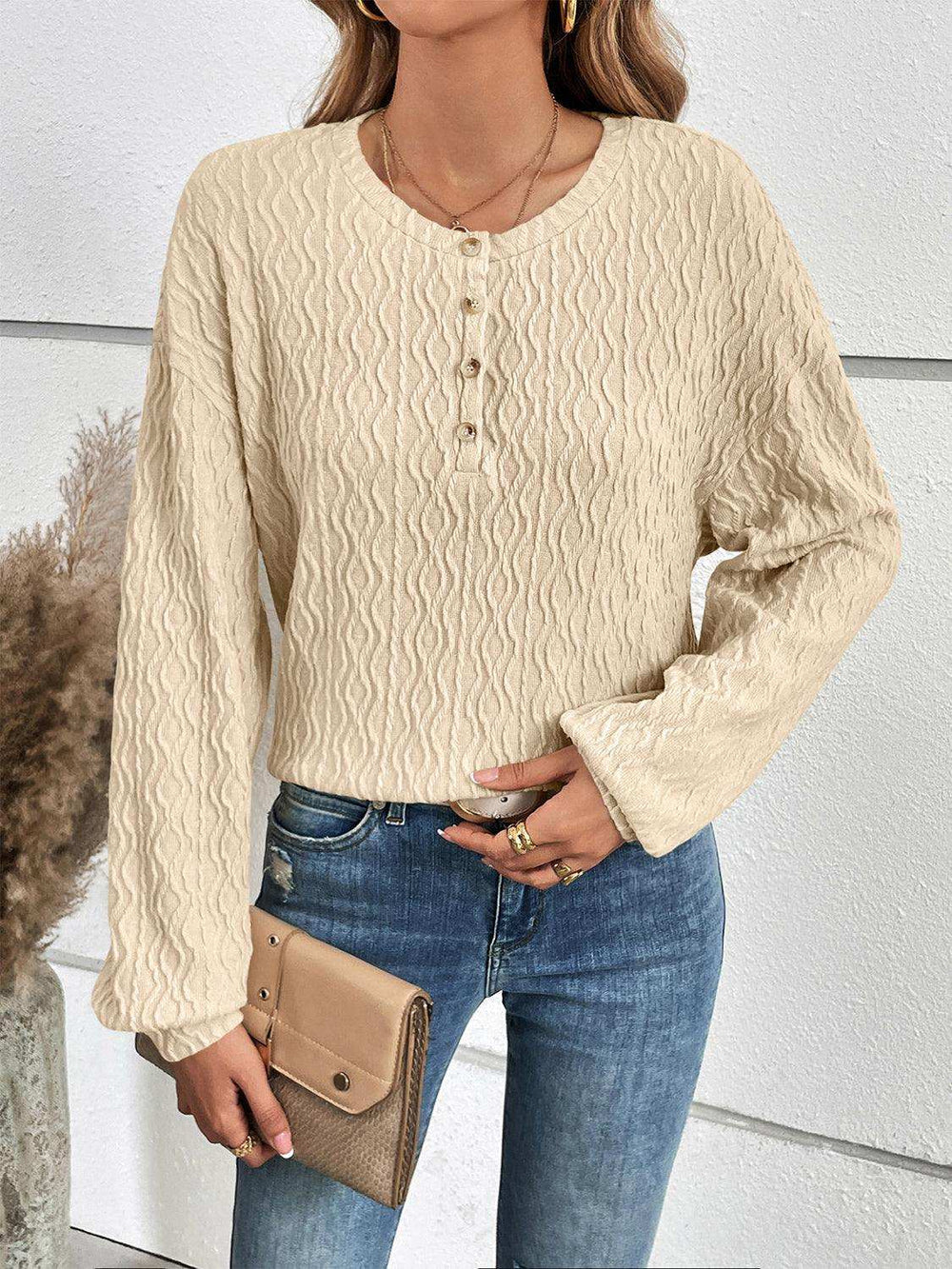 Half Button Long Sleeve Top - Trendsi - Flyclothing LLC
