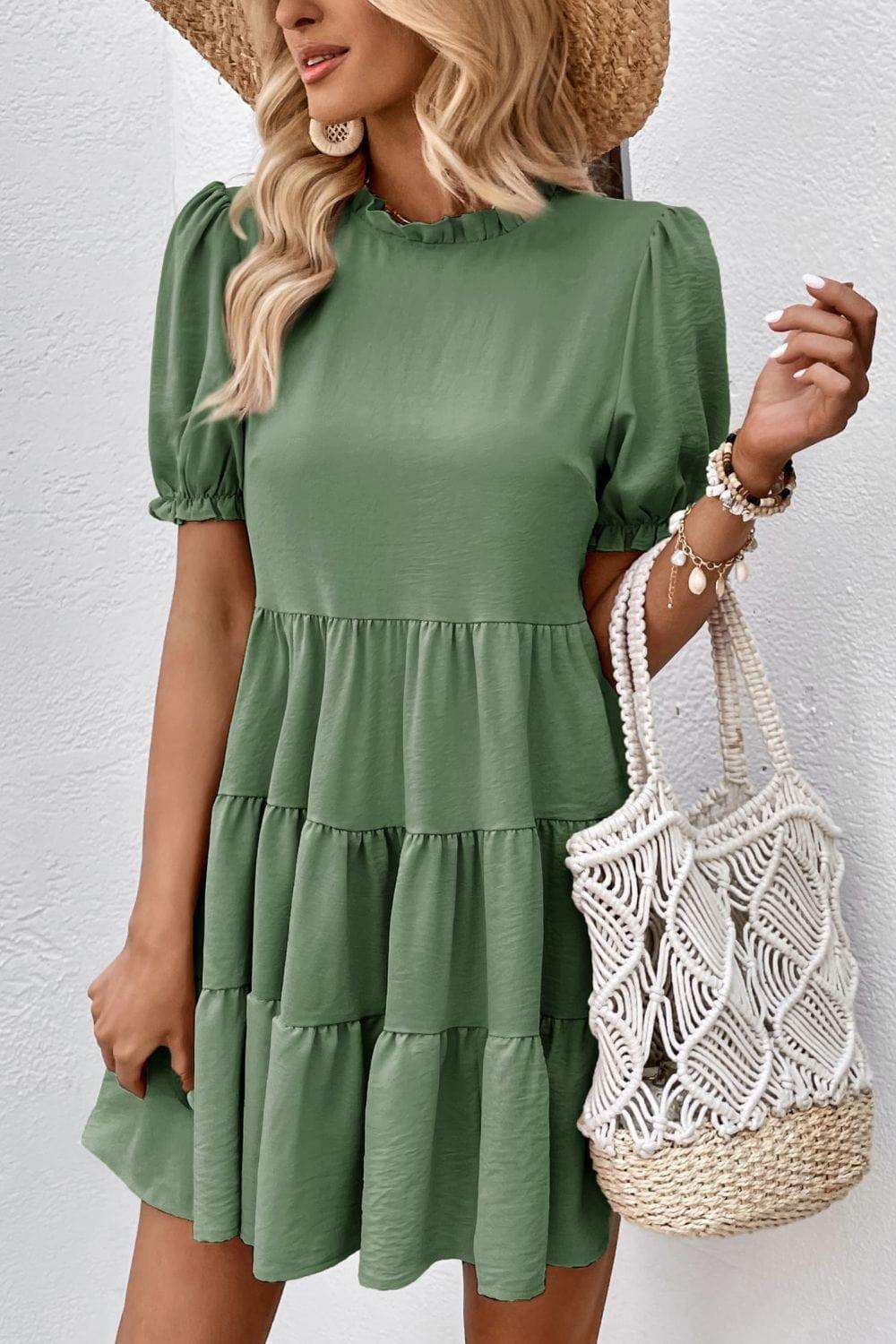 Puff Sleeve Tie Back Tiered Dress - Trendsi - Flyclothing LLC