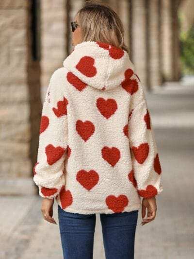 Fuzzy Heart Pocketed Dropped Shoulder Hoodie - Trendsi - Flyclothing LLC