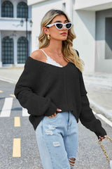 V-Neck Long Sleeve Sweater - Trendsi - Flyclothing LLC