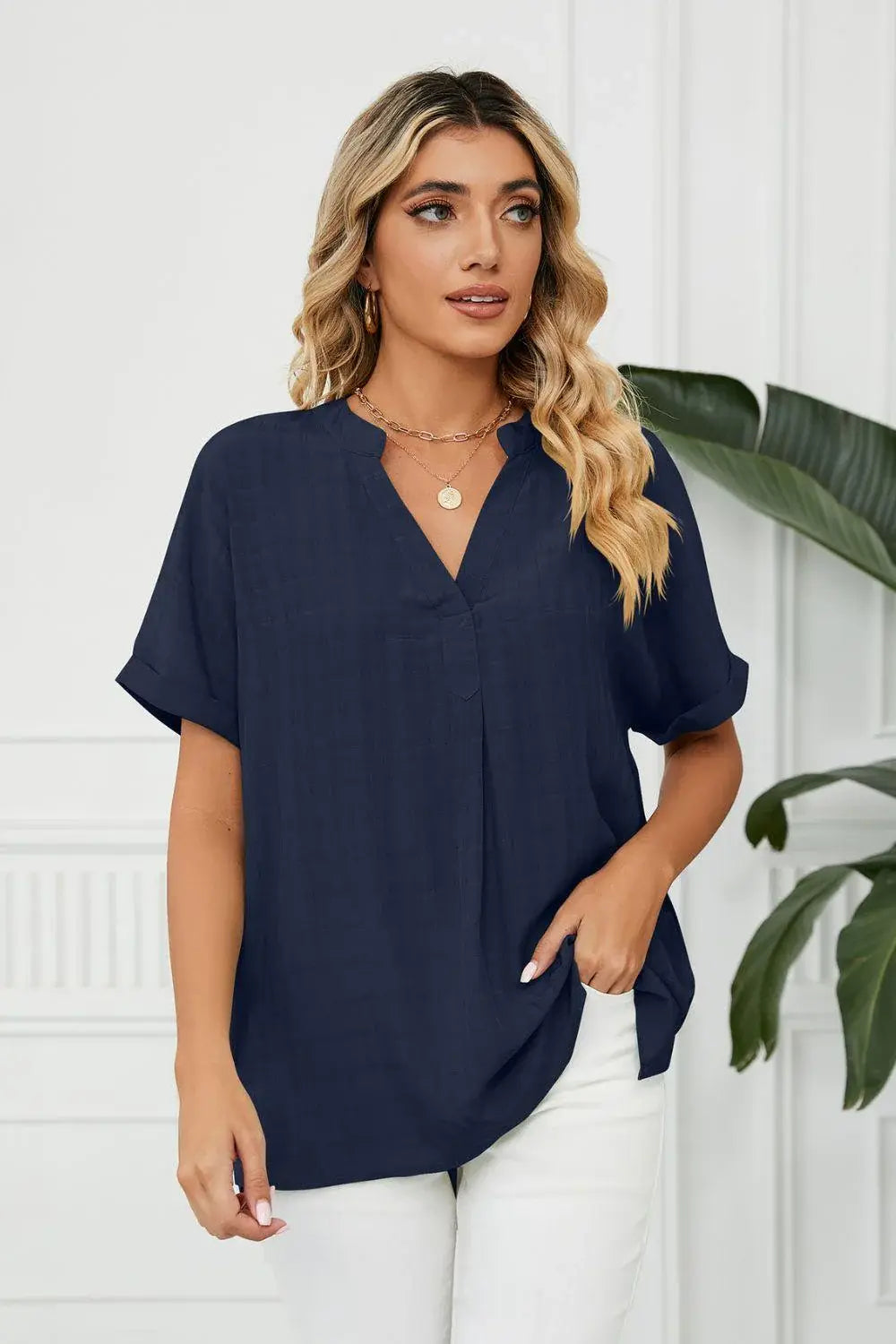 Side Slit Notched Neck Cuffed Short Sleeve Blouse - Trendsi - Flyclothing LLC