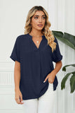 Side Slit Notched Neck Cuffed Short Sleeve Blouse - Trendsi - Flyclothing LLC