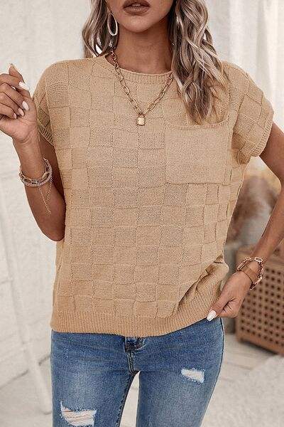 Pocketed Checkered Round Neck Knit Top - Trendsi - Flyclothing LLC