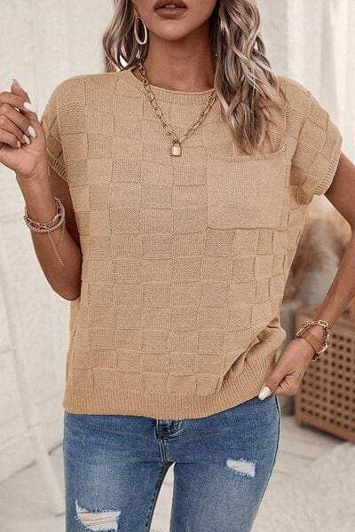 Pocketed Checkered Round Neck Knit Top - Trendsi - Flyclothing LLC