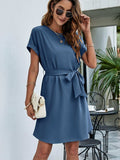 Belted Round Neck Curved Hem Dress - Trendsi - Flyclothing LLC