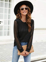 Waffle-Knit Round Neck Long Sleeve Blouse - Trendsi - Flyclothing LLC