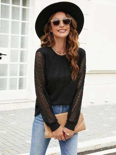 Waffle-Knit Round Neck Long Sleeve Blouse - Trendsi - Flyclothing LLC