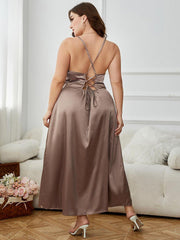 Plus Size Lace-Up Spaghetti Strap Split Night Dress - Flyclothing LLC