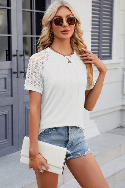 Openwork Round Neck Short Sleeve T-Shirt - Trendsi - Flyclothing LLC