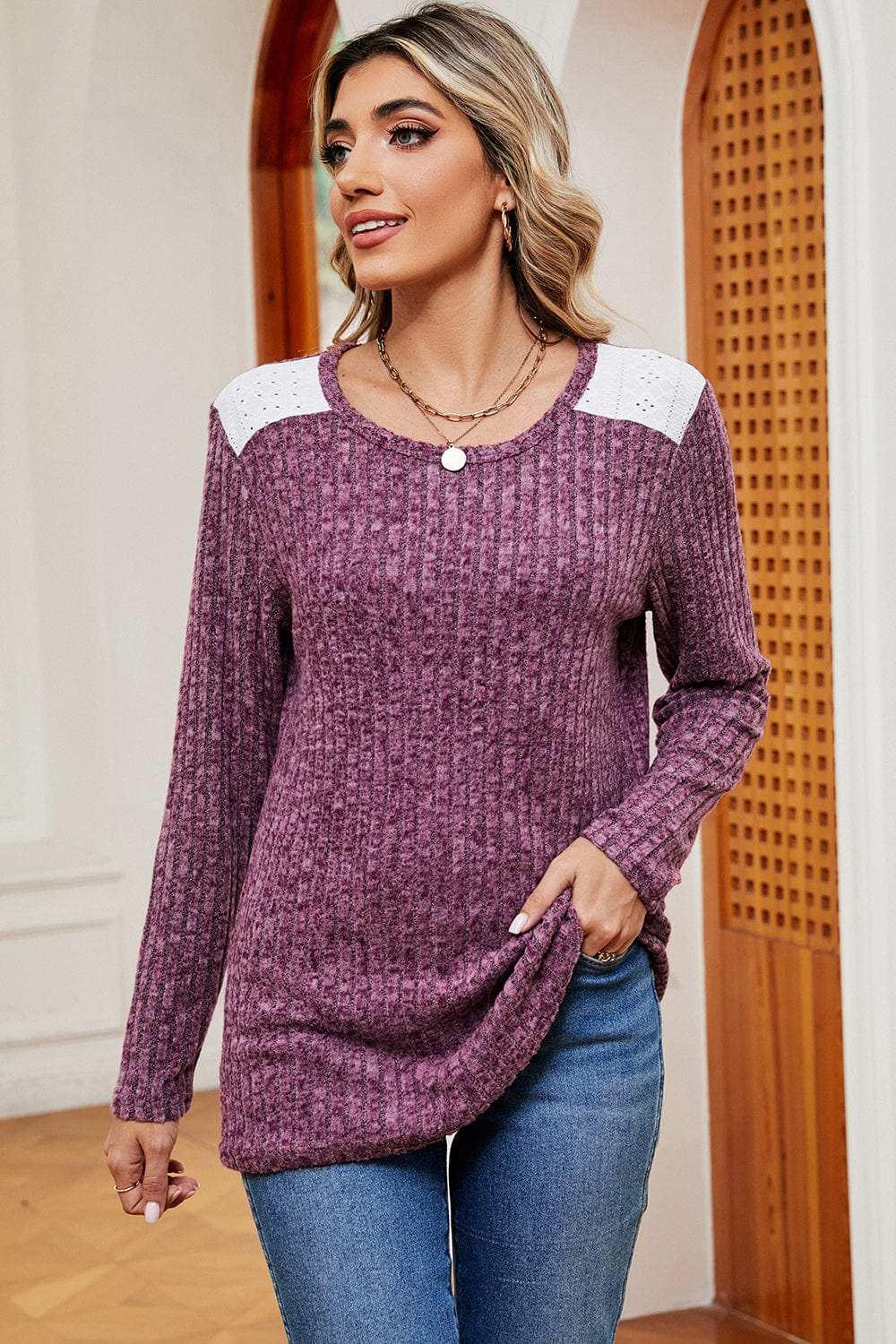 Eyelet Ribbed Round Neck Long Sleeve T-Shirt - Trendsi - Flyclothing LLC
