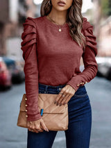 Decorative Button Puff Sleeve T-Shirt - Trendsi - Flyclothing LLC