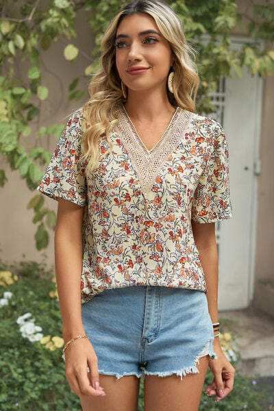 Floral V-Neck Short Sleeve T-Shirt - Trendsi - Flyclothing LLC